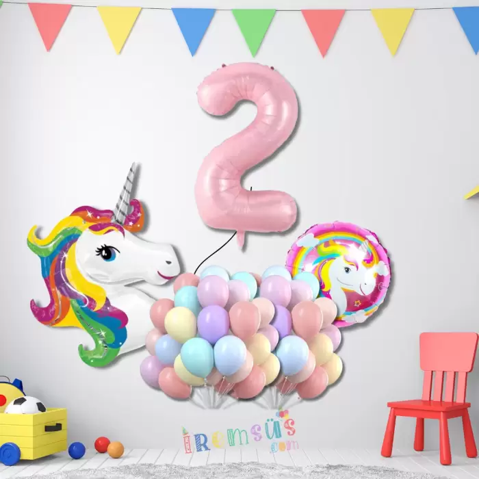 2 Yaş Doğum Günü Partisi Unicorn Tema Balon Süsleme Seti