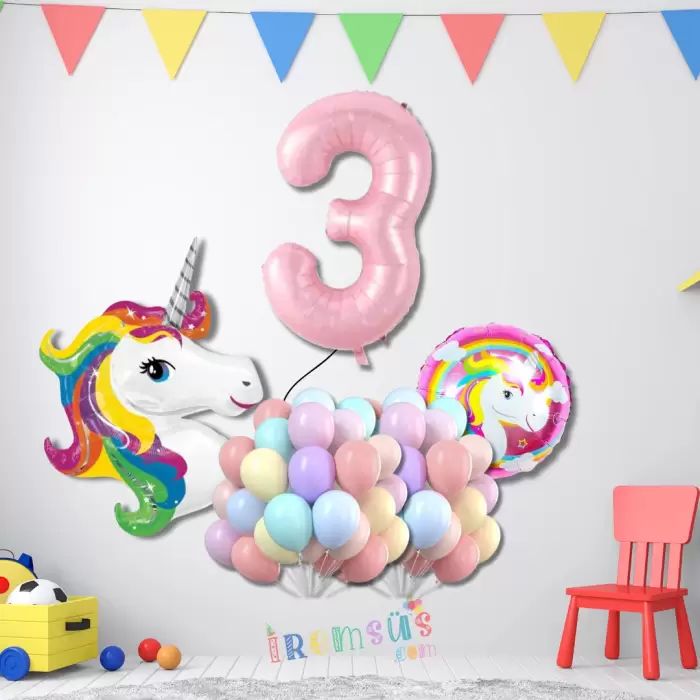 3 Yaş Doğum Günü Partisi Unicorn Tema Balon Süsleme Seti