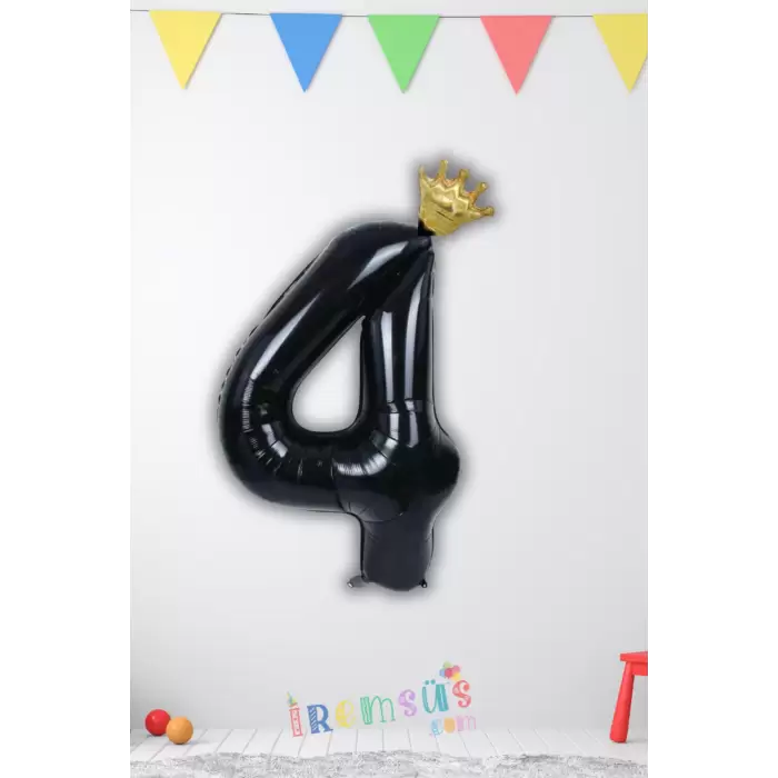 4 Yaş Doğum Günü Kral Taçlı Siyah Renk Rakam Folyo Balon 4 Rakamı Folyo Balon Seti