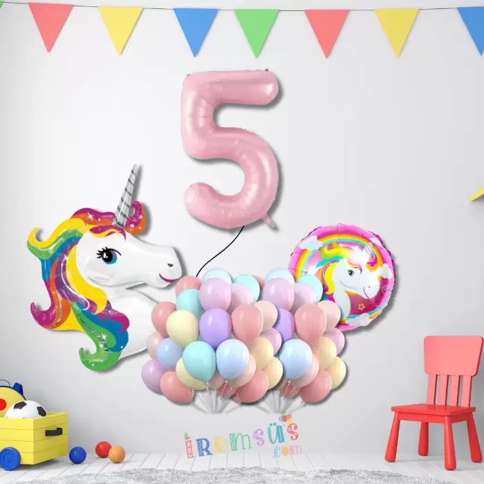 5 Yaş Doğum Günü Partisi Unicorn Tema Balon Süsleme Seti