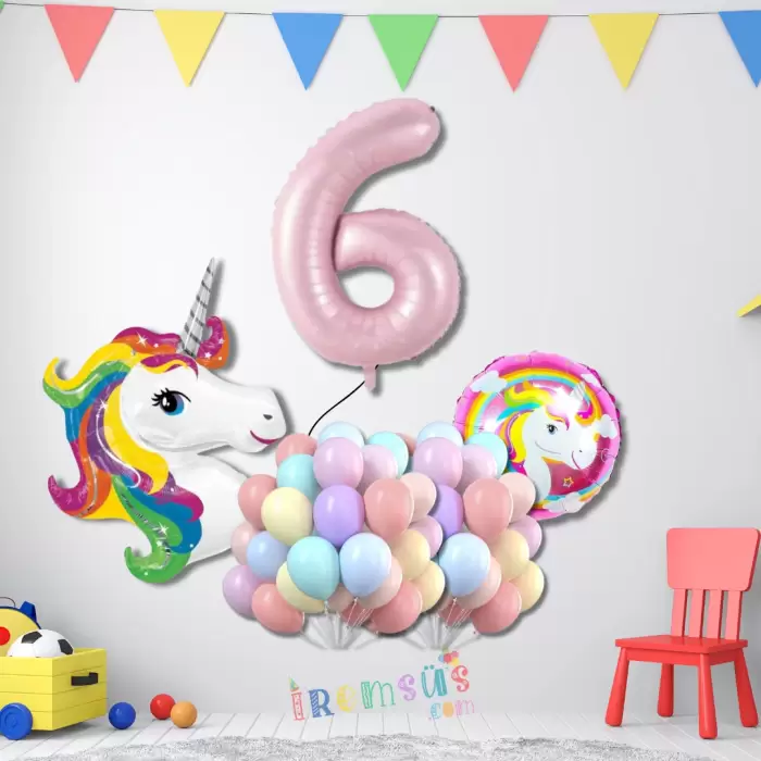 6 Yaş Doğum Günü Partisi Unicorn Tema Balon Süsleme Seti