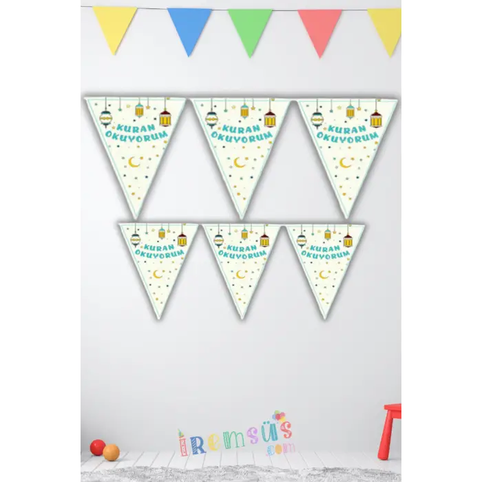 Kuran Okuyorum Baskılı Üçgen Süsleme Flama 150 Cm Kuran Partisi Süsleme Bayrak Flama