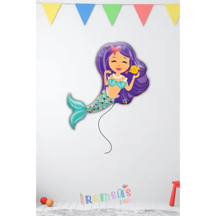 Deniz Kızı Figür Mor Renk Folyo Helyum Balon 75 cm Mor Renk Mermaid Şekilli Folyo Balon