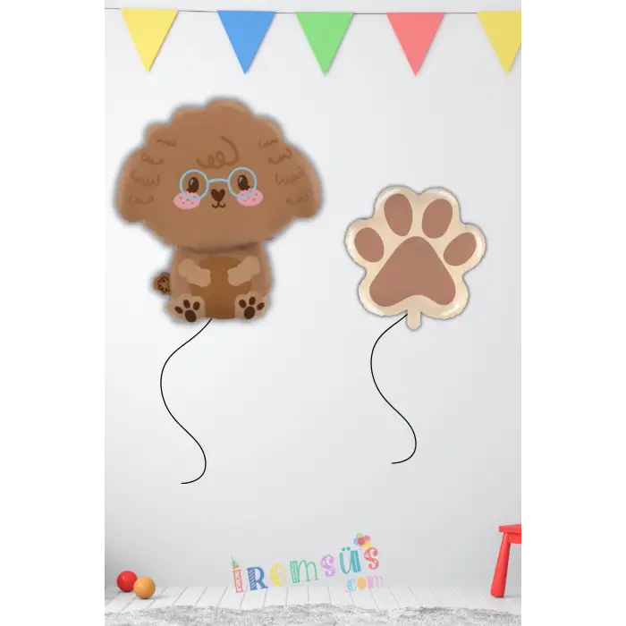 Retro Renk Poddle Köpek Patisi Figür Folyo Helyum Balon Seti 2 li Köpek Doğum Günü Balon Seti