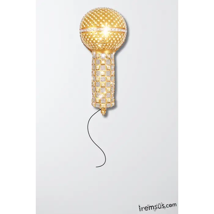 Taşlı Mikrofon Folyo Helyum Balon 74 Cm Gold Mikrofon Şekilli Balon