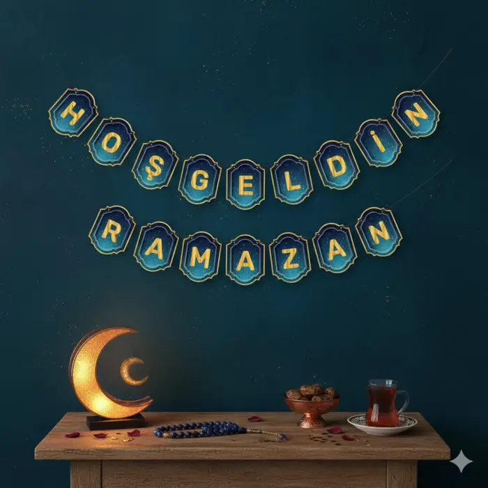 Hoş Geldin Ramazan Banner Yazı Süs Lacivert Gold Renk Ramazan Ayı Süslemesi