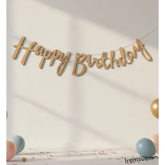 Happy Birthday Yazılı Kaligrafi Banner Yazısı Kraft Renk Doğum Günü Partisi 110 Cm