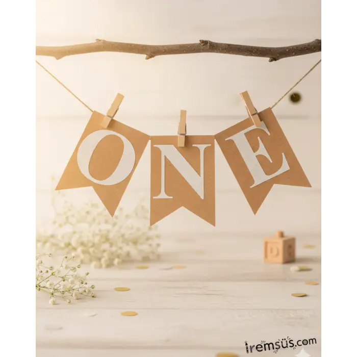 One Yazılı Kraft Renk Beyaz Yazılı Banner Süsleme 1 Yaş Doğum Günü Süslemesi