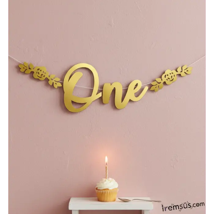 One Yazılı Kaligrafi Banner Yazısı Gold Renk 1 Yaş Doğum Günü Partisi Süslemesi 100 cm