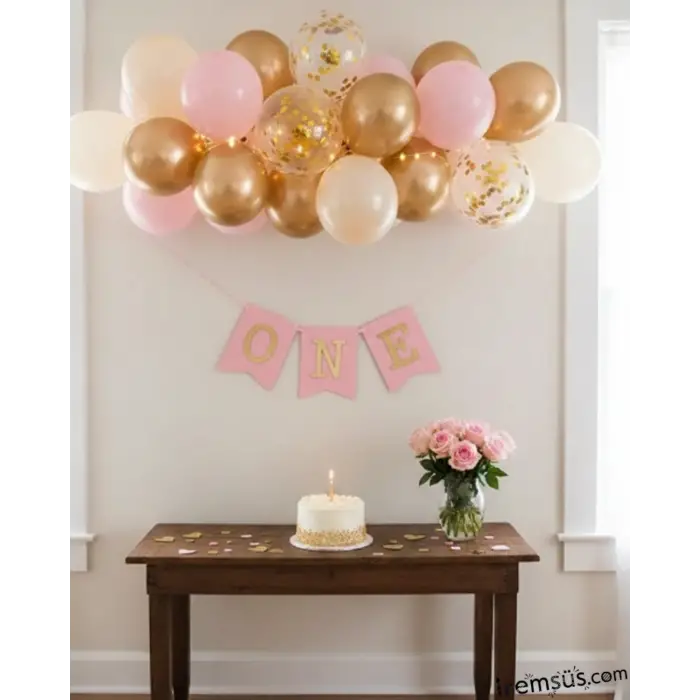 One Yazılı Pembe Renk Gold Yaldızlı Banner Süsleme 1 Yaş Doğum Günü Süslemesi