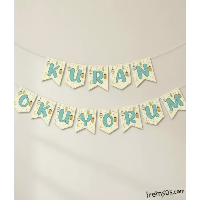 Kuran Okuyorum Yazısı Banner Bej Mavi Renk 2mt Kuran Okuma Partisi Süslemesi