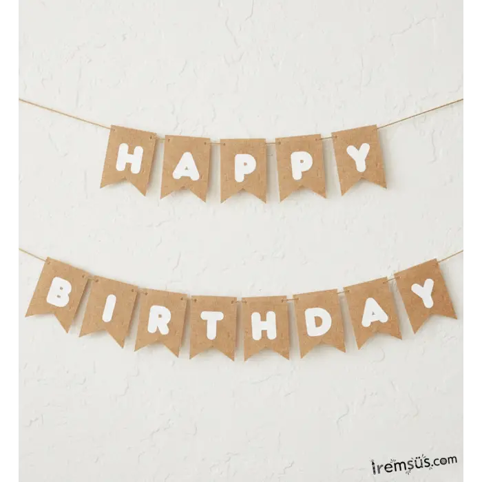 Kraft Renk Beyaz Yazılı Happy Birthday Banner Süsleme Kraft Doğum Günü Yazısı