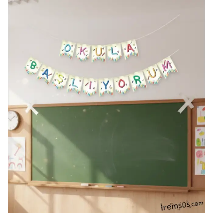 Okula Başlıyorum Yazılı Banner Süsleme 260 cm Okula Dönüş Sınıf Süslemesi Okula Başlama Süsü