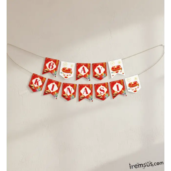 6 Ay Kınası Süsleme Yazısı Banner Kırmızı Renk 190 cm 6 Ay Kınası Organizasyon Süsleme