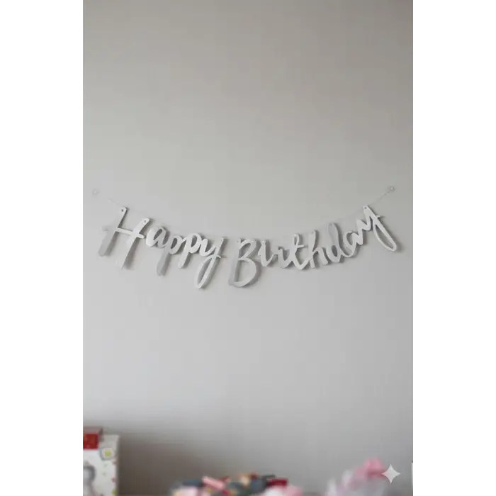 Happy Birthday Yazılı Kaligrafi Banner Yazısı Gümüş Renk Doğum Günü Partisi 110 cm