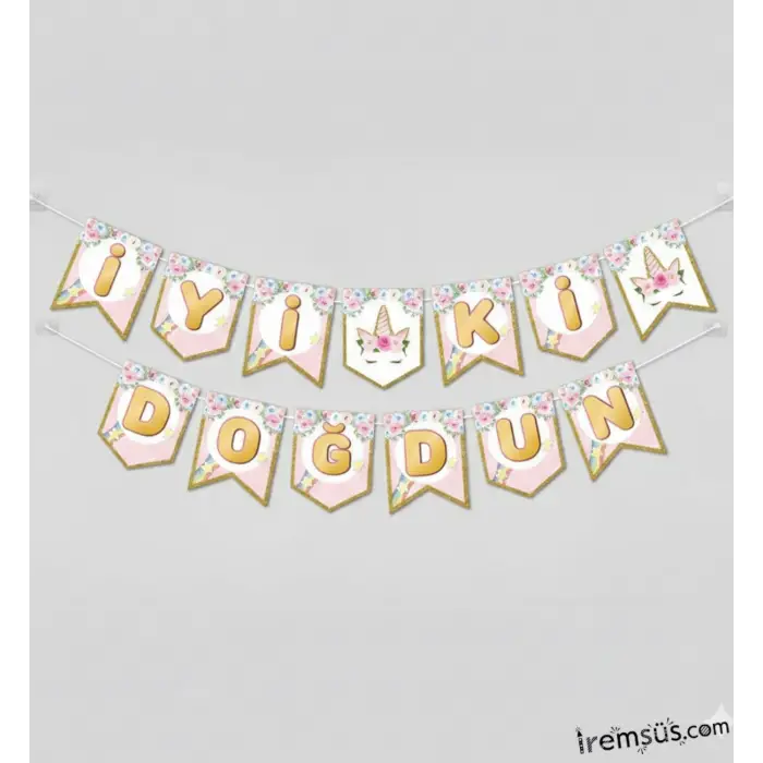 Çiçekli Unicorn Konsept İyiki Doğdun Yazısı Banner Çiçekli Unicorn Süslemesi 190 cm