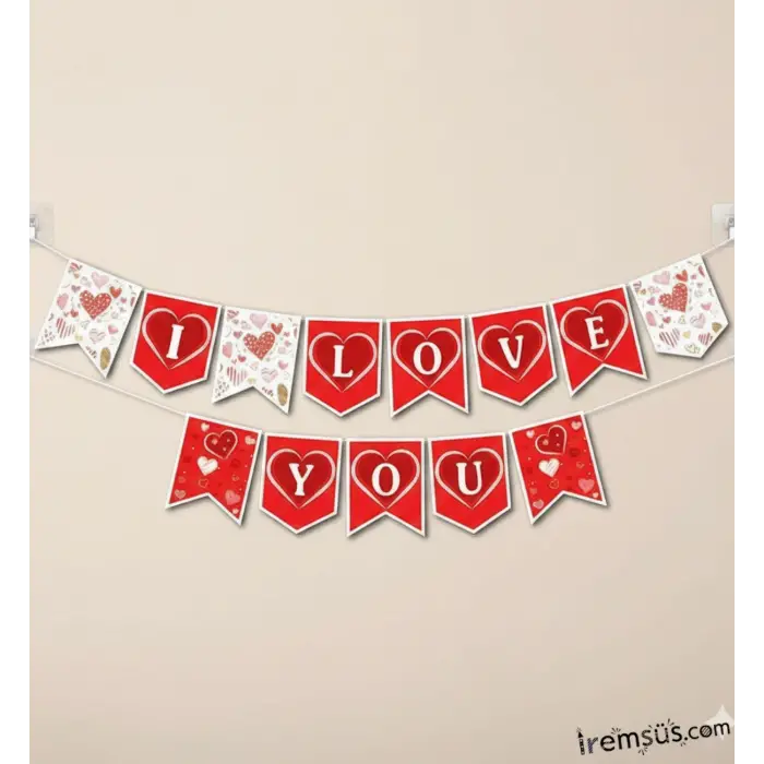 I love You Yazılı Kırmızı Renkli Kalpli Banner Yazı 190 cm Sevgililer Günü Süpriz Süsleme