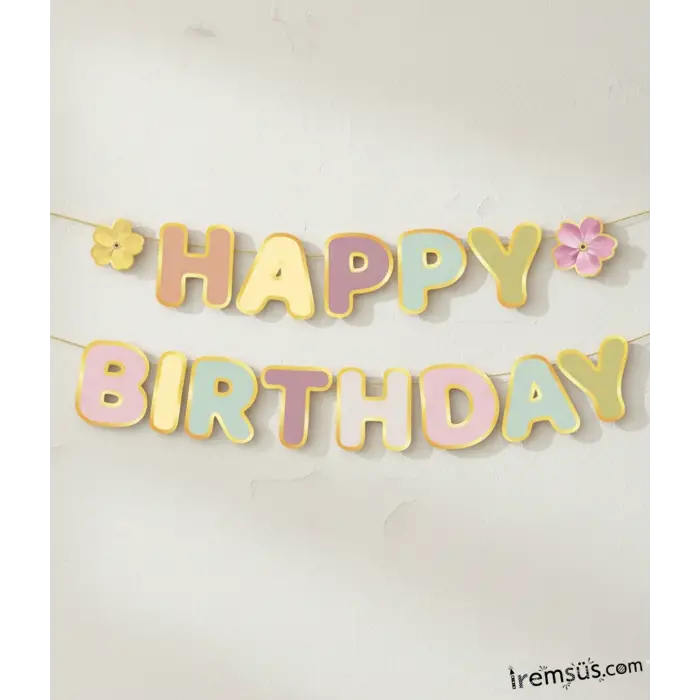 Makaron Renk Tema Çiçekli Doğum Günü Partisi Happy Birthday Banner Yazı 210 cm Çiçekli Yazı