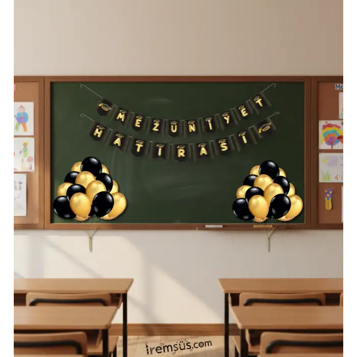 Mezuniyet Hatırası Yazılı Banner Siyah Gold Renk Balonlu Süsleme Seti Mezuniyet Partisi Süsleme