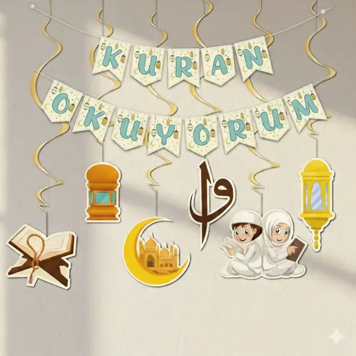 Kuran Okuyorum Kutmalası 2li Süsleme Paketi Banner Tavan Sarkıt Süs 6 lı Kuran Partisi Süslemesi