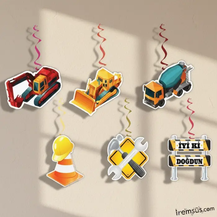 İnşaat Konsept Doğum Günü Tavandan Sarkıt Süslemesi 6 lı İnşaat Süslemesi