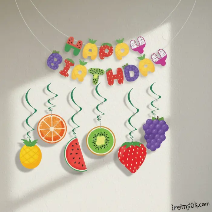 Meyve Konsept Doğum Günü Patisi Happy Birthday Banner 6lı Tavan Süs Paketi Ekonomik Paket Süsleme