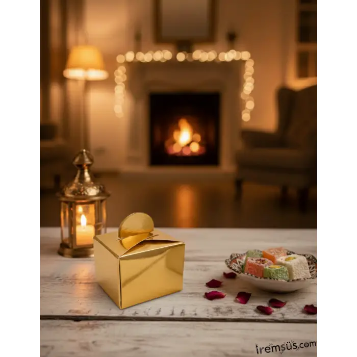 Metalize Parlak Gold Renk Dağıtmalık Lokumluk Karton Kare Kutu 25li Ramazan Bayramı Dağıtmalık Süs