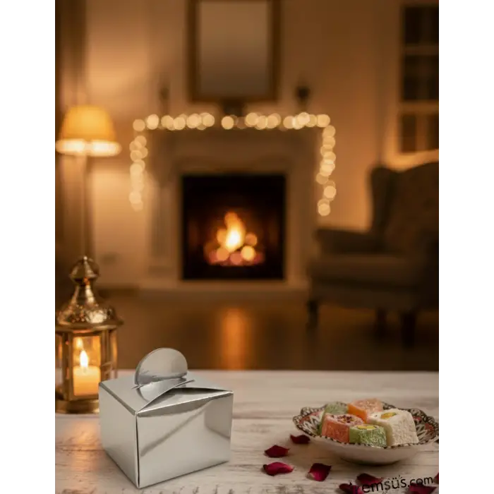 Metalize Parlak Gümüş Renk Dağıtmalık Lokumluk Karton Kare Kutu 25li Ramazan Bayramı Dağıtmalık Süs