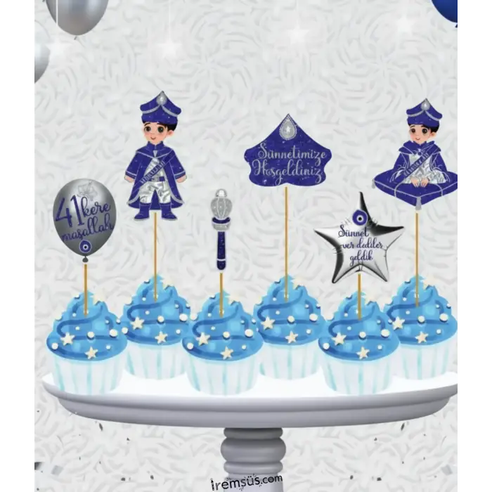 Sünnet Konsept Pasta Cupcake Büyük Boy Süsleme Kürdanı 6 Adet Sünnet Tema Parti Süsü