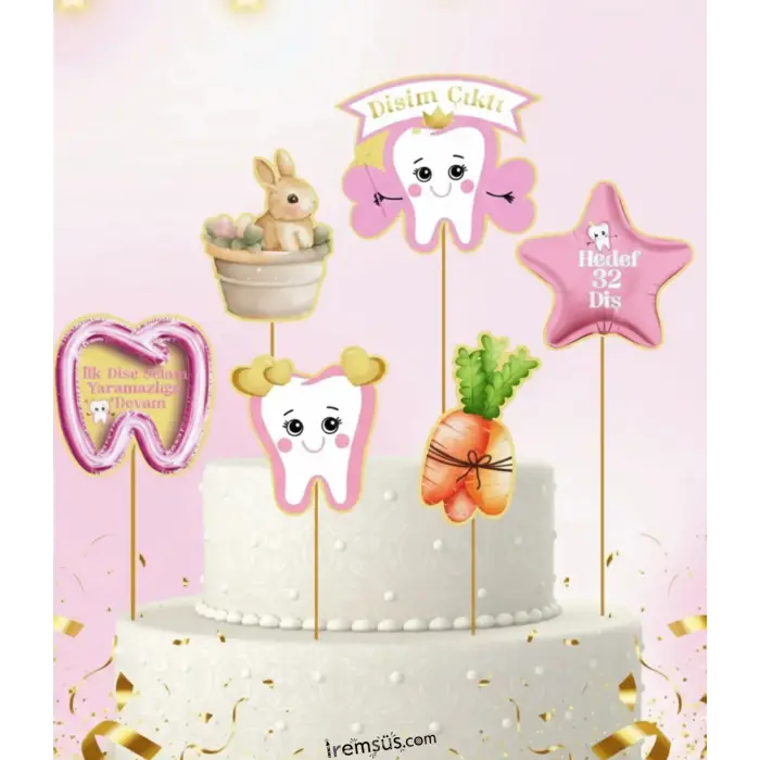 Diş Buğdayı Konsept Pembe Renk Pasta Cupcake Büyük Boy Süsleme Kürdanı 6 Adet