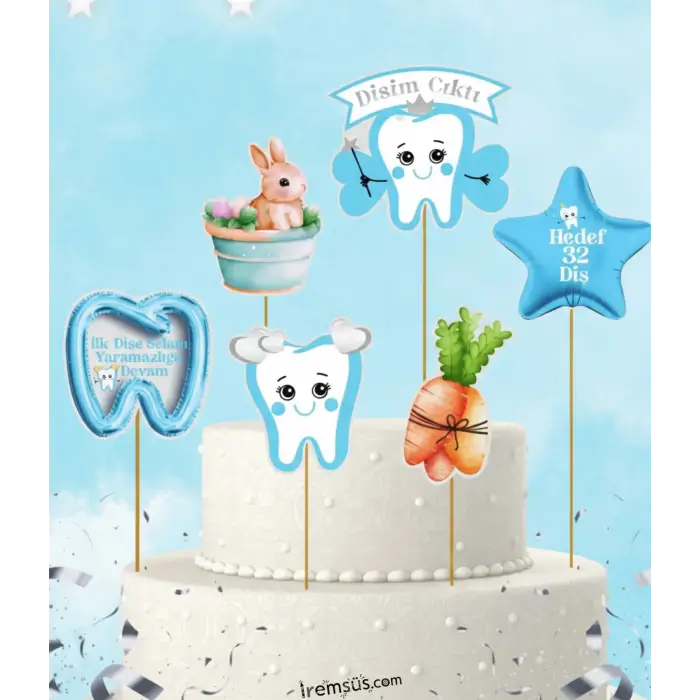 Diş Buğdayı Konsept Mavi Renk Pasta Cupcake Büyük Boy Süsleme Kürdanı 6 Adet