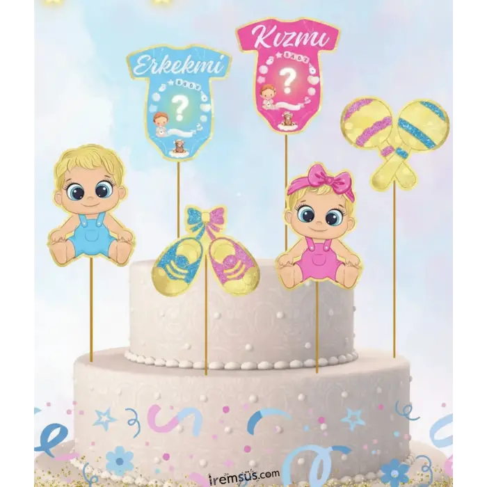 Cinsiyet Partisi Konsept Pasta Cupcake Büyük Boy Süsleme Kürdanı 6 Adet Cinsiyet Tema Parti Süsü
