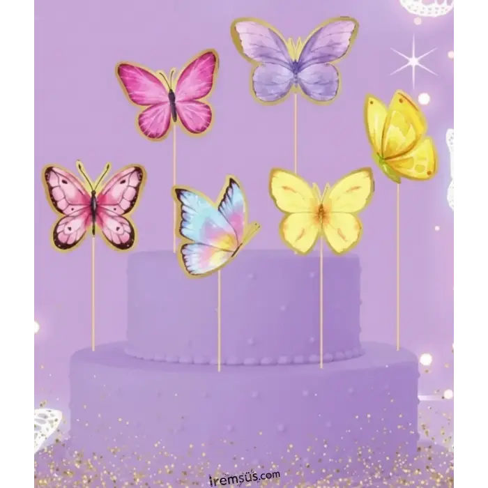 Kelebek Konsept Pasta Cupcake Büyük Boy Süsleme Kürdanı 6 Adet Kelebek Tema Parti Süsü