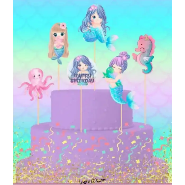 Deniz Kızı Konsept Pasta Cupcake Büyük Boy Süsleme Kürdanı 6 Adet Deniz Kızı Tema Parti Süsü