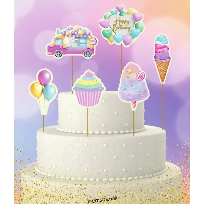 Dondurma Konsept Pasta Cupcake Büyük Boy Süsleme Kürdanı 6 Adet Dondurma Tema Parti Süsü