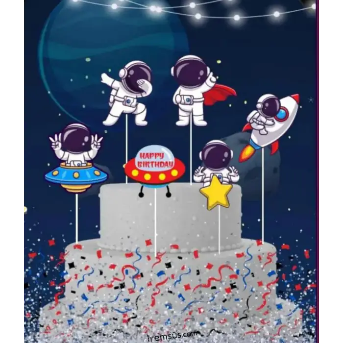Uzay Konsept Pasta Cupcake Büyük Boy Süsleme Kürdanı 6 Adet Uzay Tema Parti Süsü