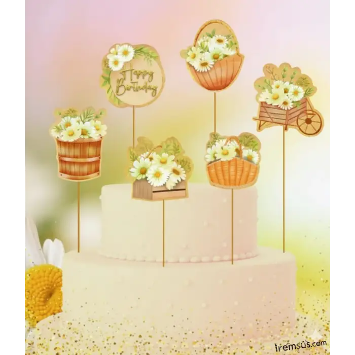 Papatya Konsept Pasta Cupcake Büyük Boy Süsleme Kürdanı 6 Adet Papatya Tema Parti Süsü