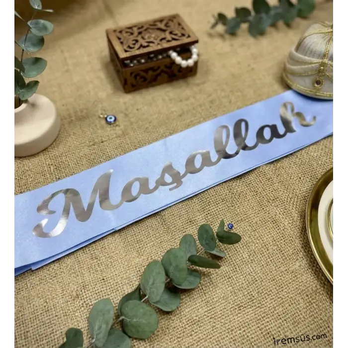 Maşallah Yazılı Mavi Renk Gümüş Yaldızlı Kuşak Sünnet Düğün Süslemesi