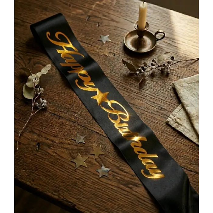 Happy Birthday Yazılı Gold Yaldızlı Siyah Kuşak 150 Cm Doğum Günü Kuşağı Süslemesi