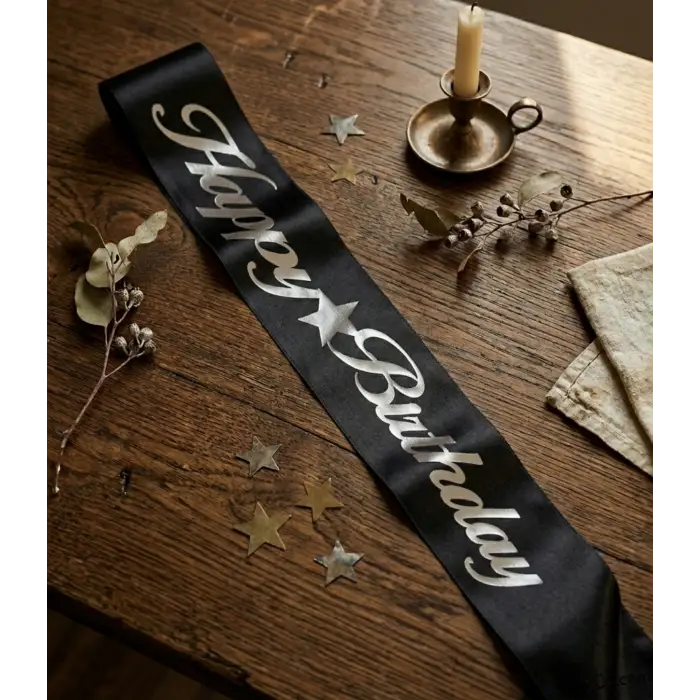 Happy Birthday Yazılı Gümüş Yaldızlı Siyah Kuşak 150 Cm Doğum Günü Kuşağı Süslemesi
