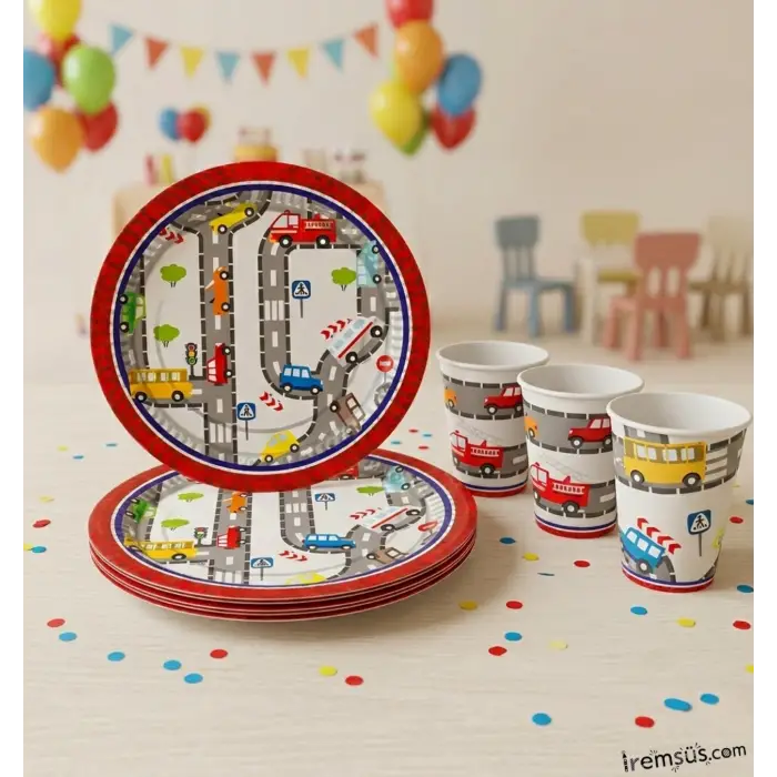 Trafik Konsept Doğum Günü Partisi Karton Tabak Bardak Seti 8 Li Araba Tema Parti Tabağı