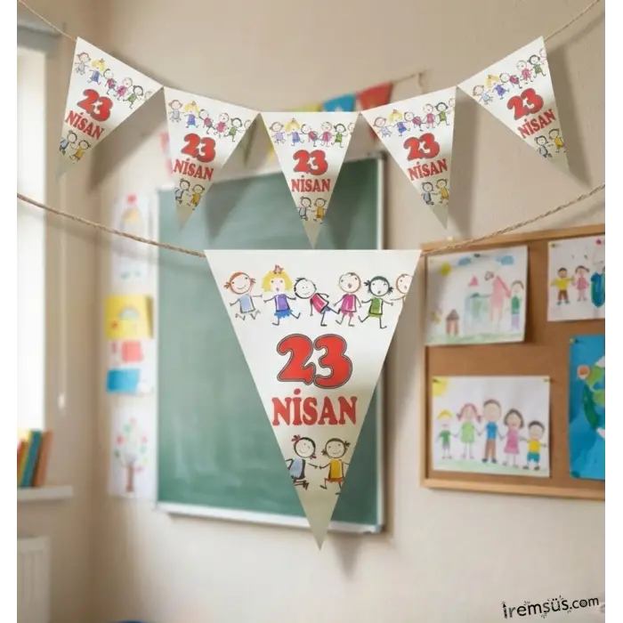 23 nisan Baskılı Beyaz Kırmızı Çocuklu Üçgen Süsleme Flama 2 Mt 23 Nisan Bayramı Süslemesi