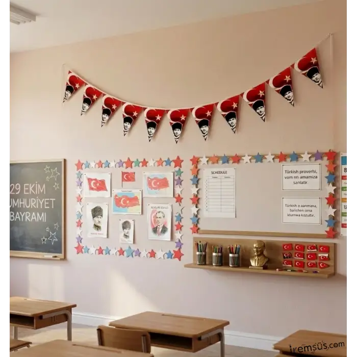 23 Nisan Atatürk Baskılı Üçgen Süsleme Flama 150 Cm Cumhuriyet Bayramı Süsleme Bayrak Flama