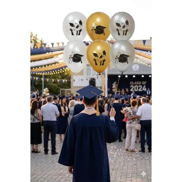 Mezuniyet Kep Baskılı Metalik Balon Beyaz-Gümüş-Gold Renk 10 Adet