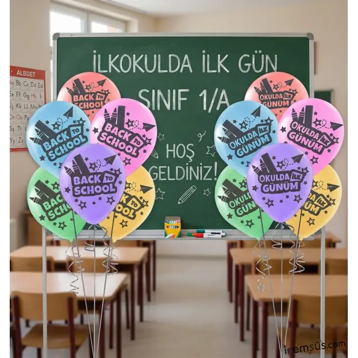 Okulda İlk Günüm Baskılı Karışık Renk Lateks Balon 10 Adet 12 Back To School Balon Süsleme