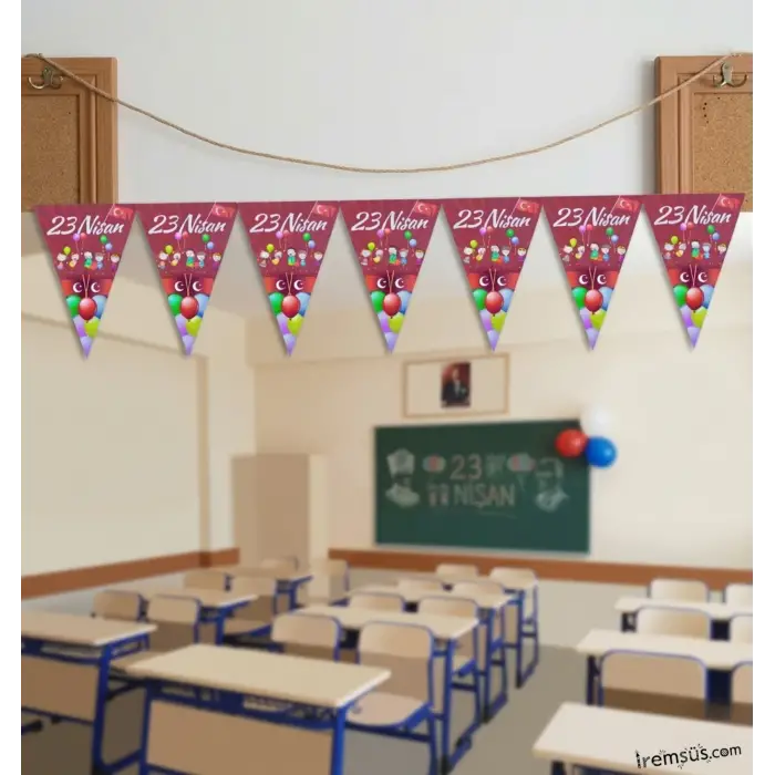 23 nisan Baskılı Kırmızı Çocuklu Üçgen Süsleme Flama 2 Mt 23 Nisan Bayramı