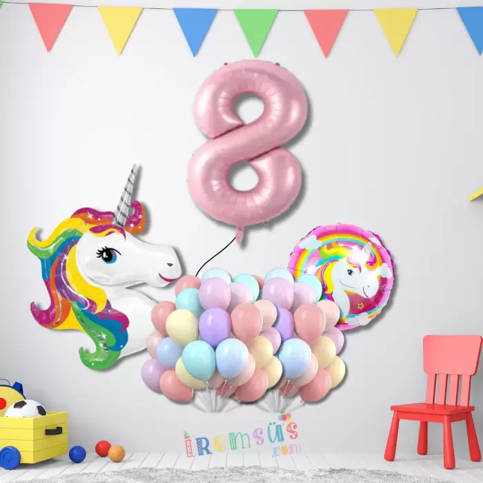 8 Yaş Doğum Günü Partisi Unicorn Tema Balon Süsleme Seti