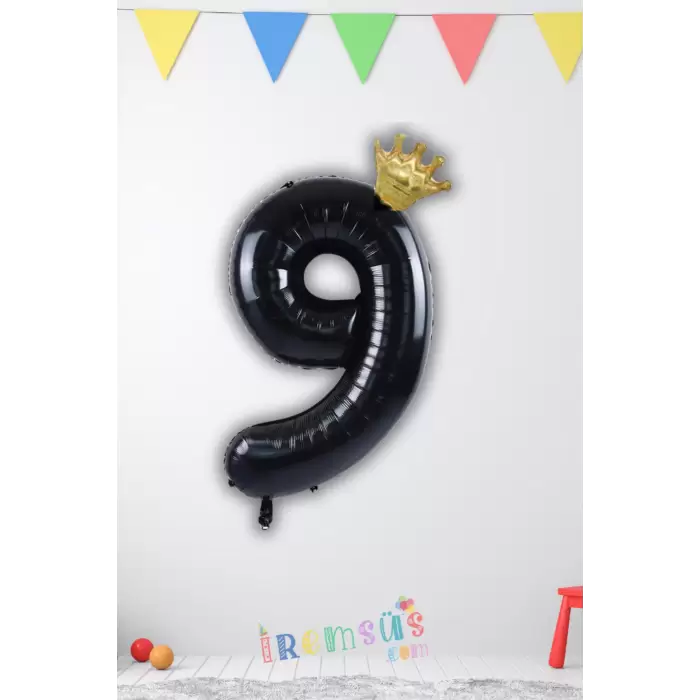 9 Yaş Doğum Günü Kral Taçlı Siyah Renk Rakam Folyo Balon 9 Rakamı Folyo Balon Seti