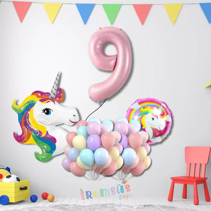 9 Yaş Doğum Günü Partisi Unicorn Tema Balon Süsleme Seti