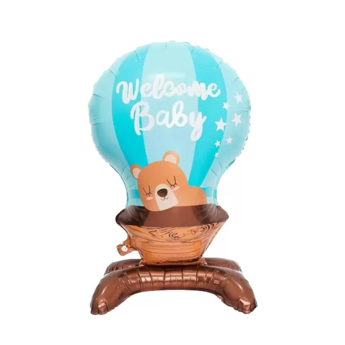 Ayıcık Şekilli Welcome Baby Ayaklı Folyo Balon Mavi Renk 90*55 cm Erkek Bebek Yeni Doğum Süslemesi